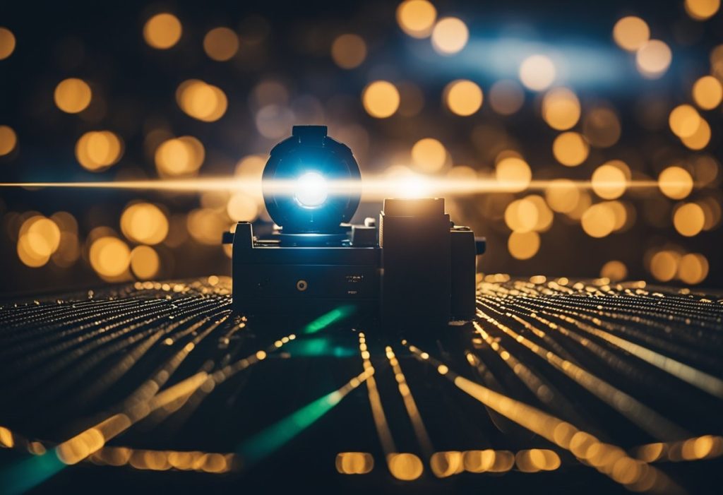 13 A picture of a laser beam going through a optic scope, with yellow and black background