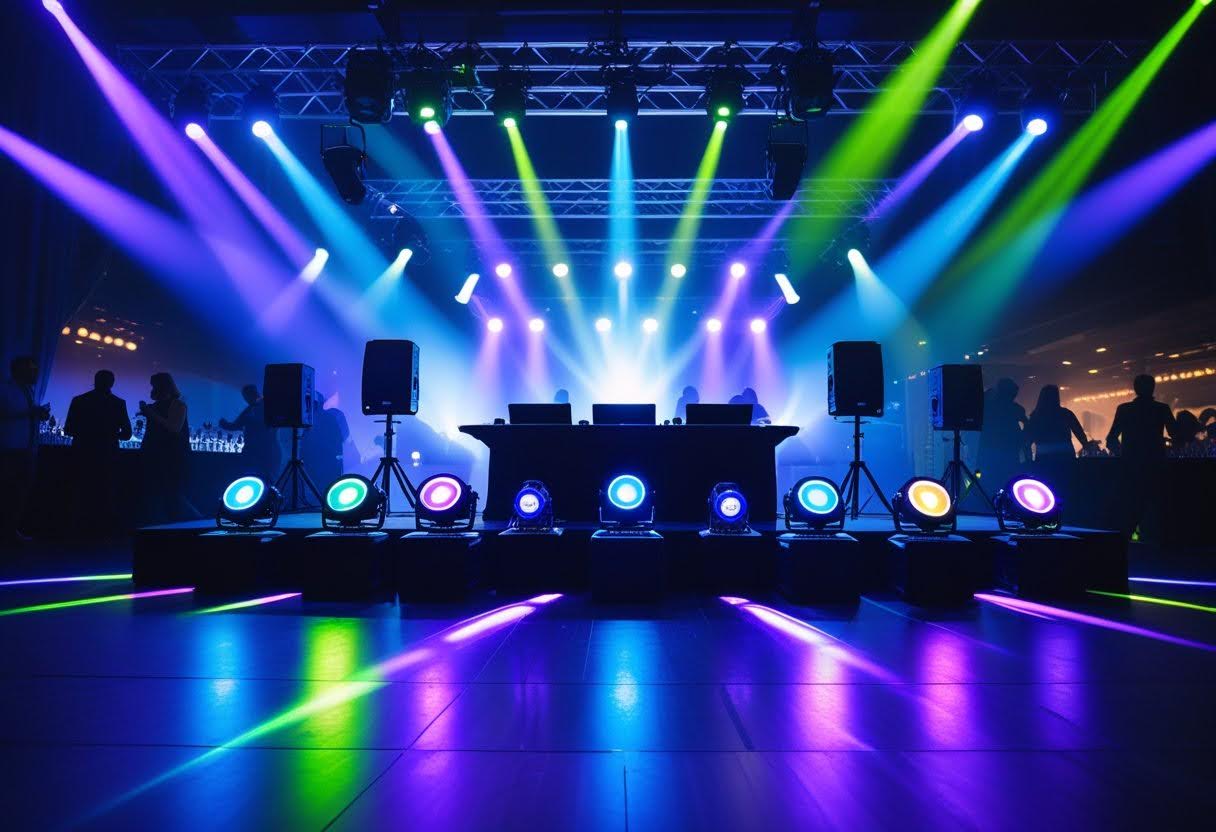 dj-ligths DJ laser lights showing a dj stage, with laser lights projecting onto the stage.